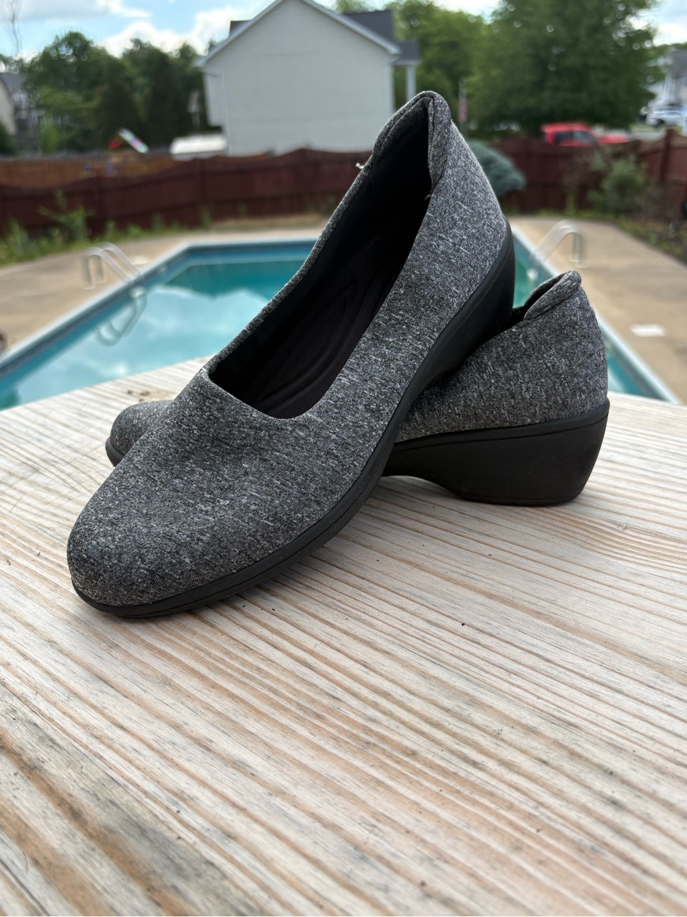 Bass Gray Felt Wedge Heels